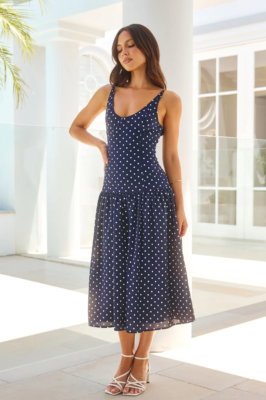 Polka Dot Charm Midi Dress Navy