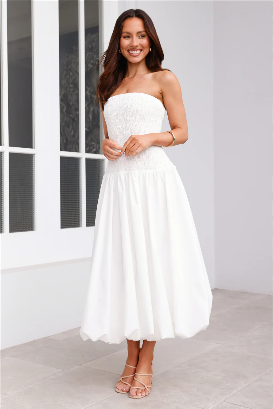 Vacay In The Maldives Strapless Bubble Midi Dress White