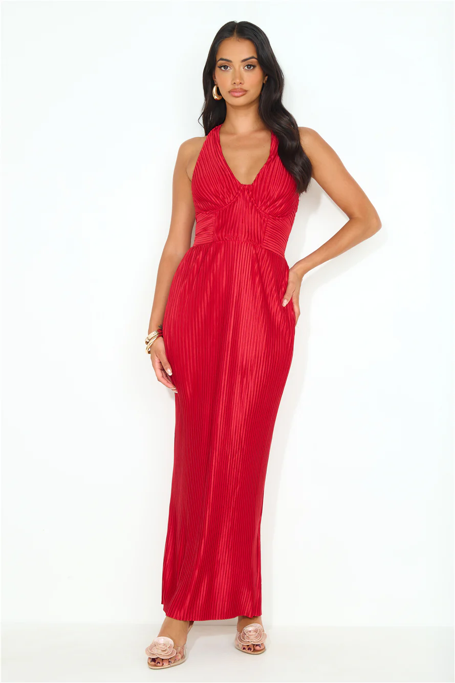 Special Events Pleated Halter Maxi Dress Red