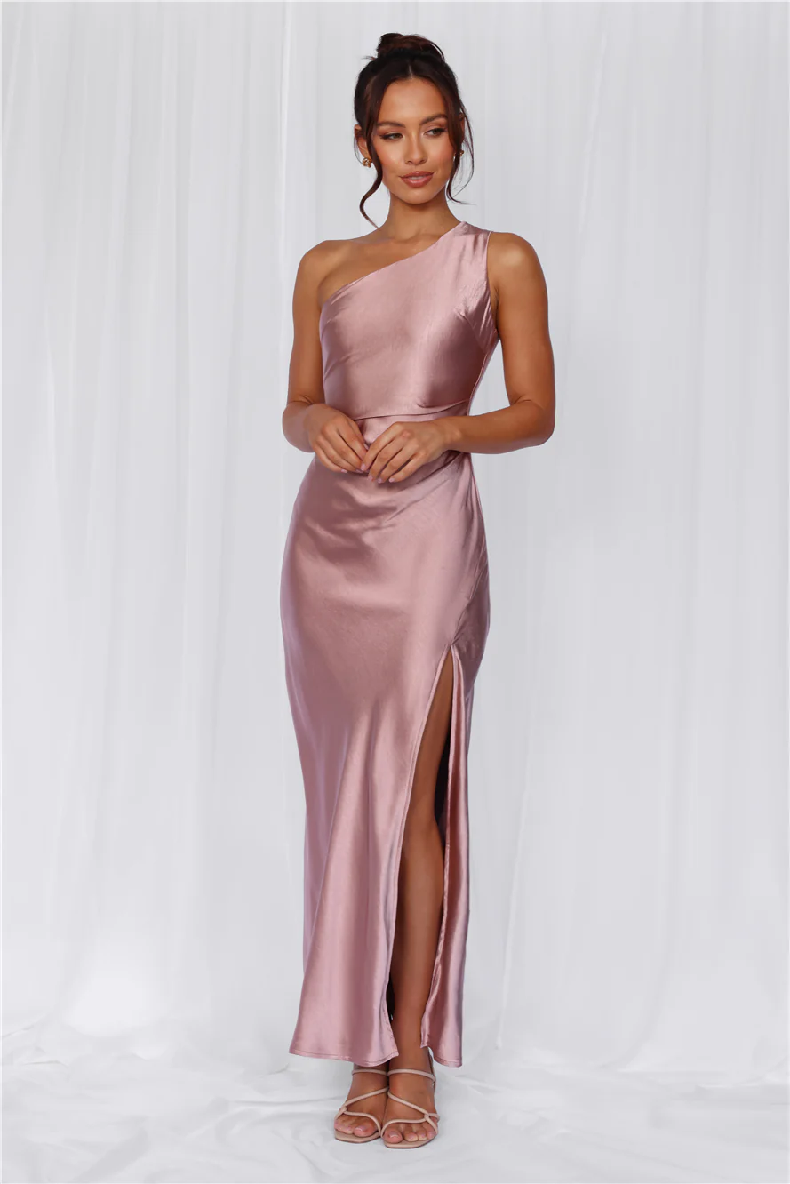 The Aurora One Shoulder Satin Maxi Dress Dusty Pink