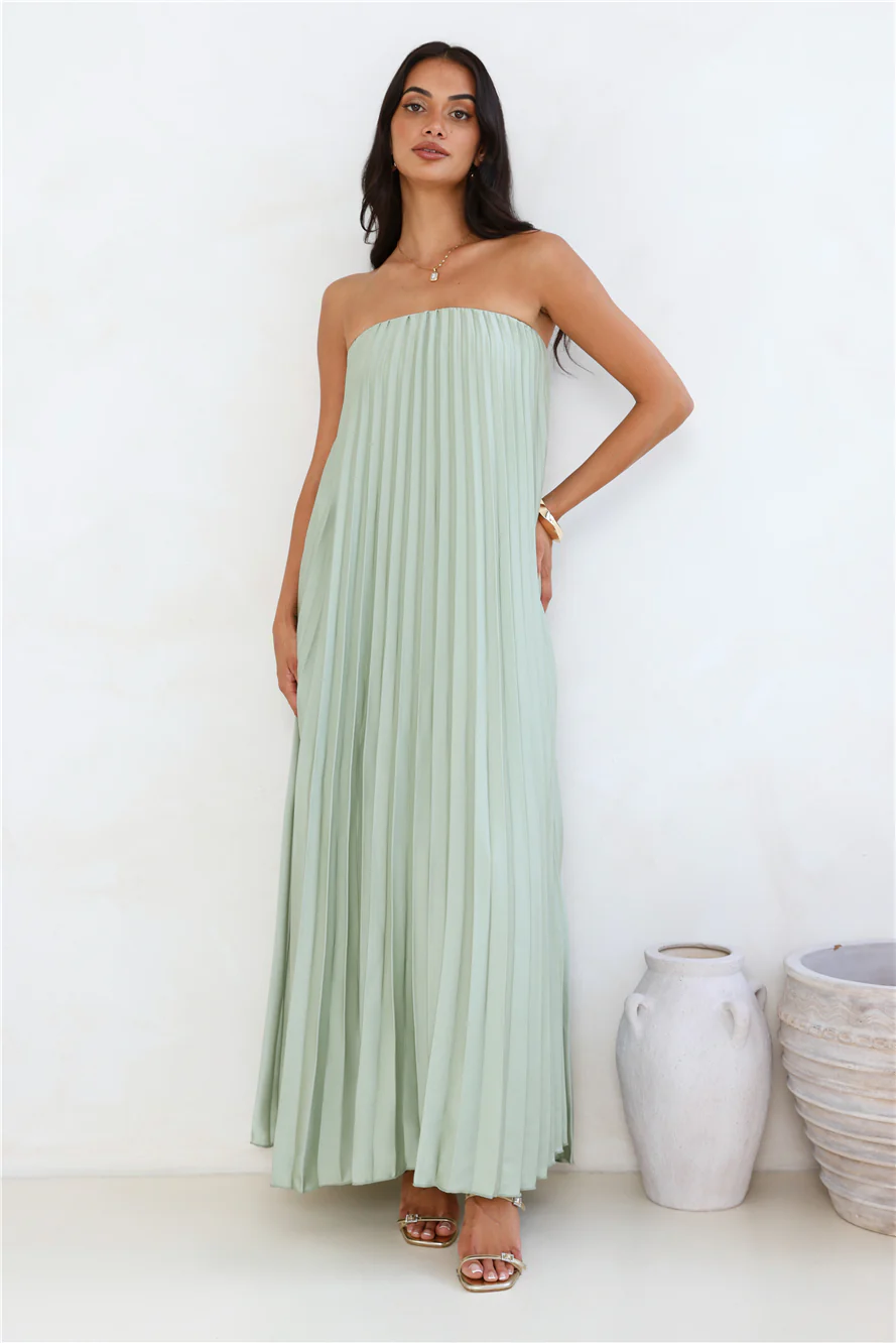 Moonlit Sea Pleated Strapless Maxi Dress Sage