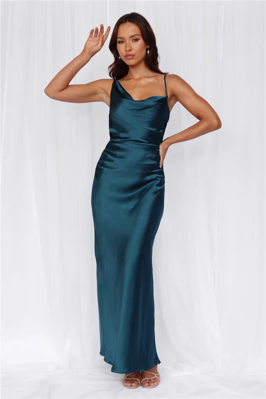 HELLO MOLLY The Madeline Cowl Satin Maxi Dress Teal