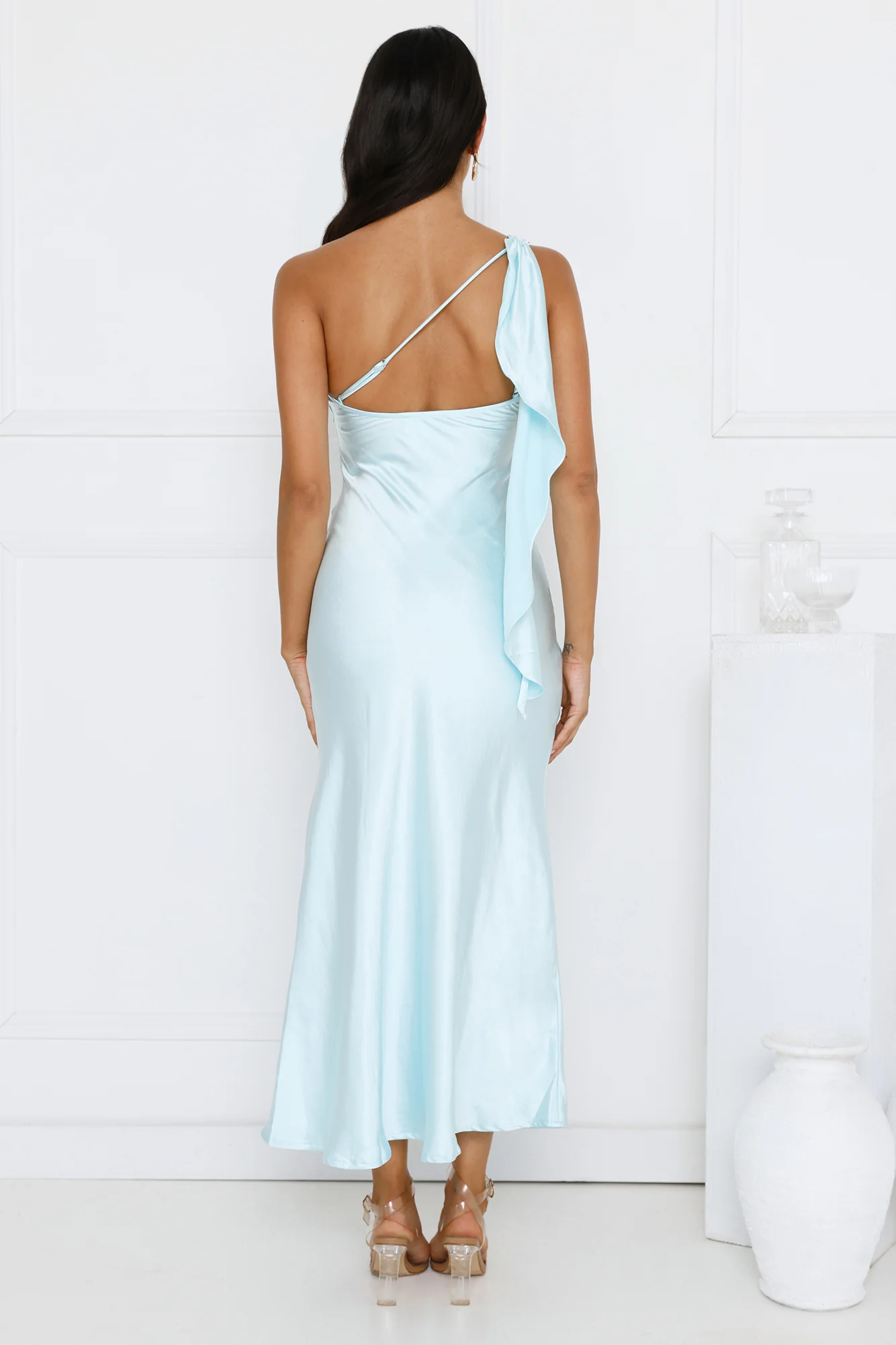Romantic Tales Satin One Shoulder Maxi Dress Blue