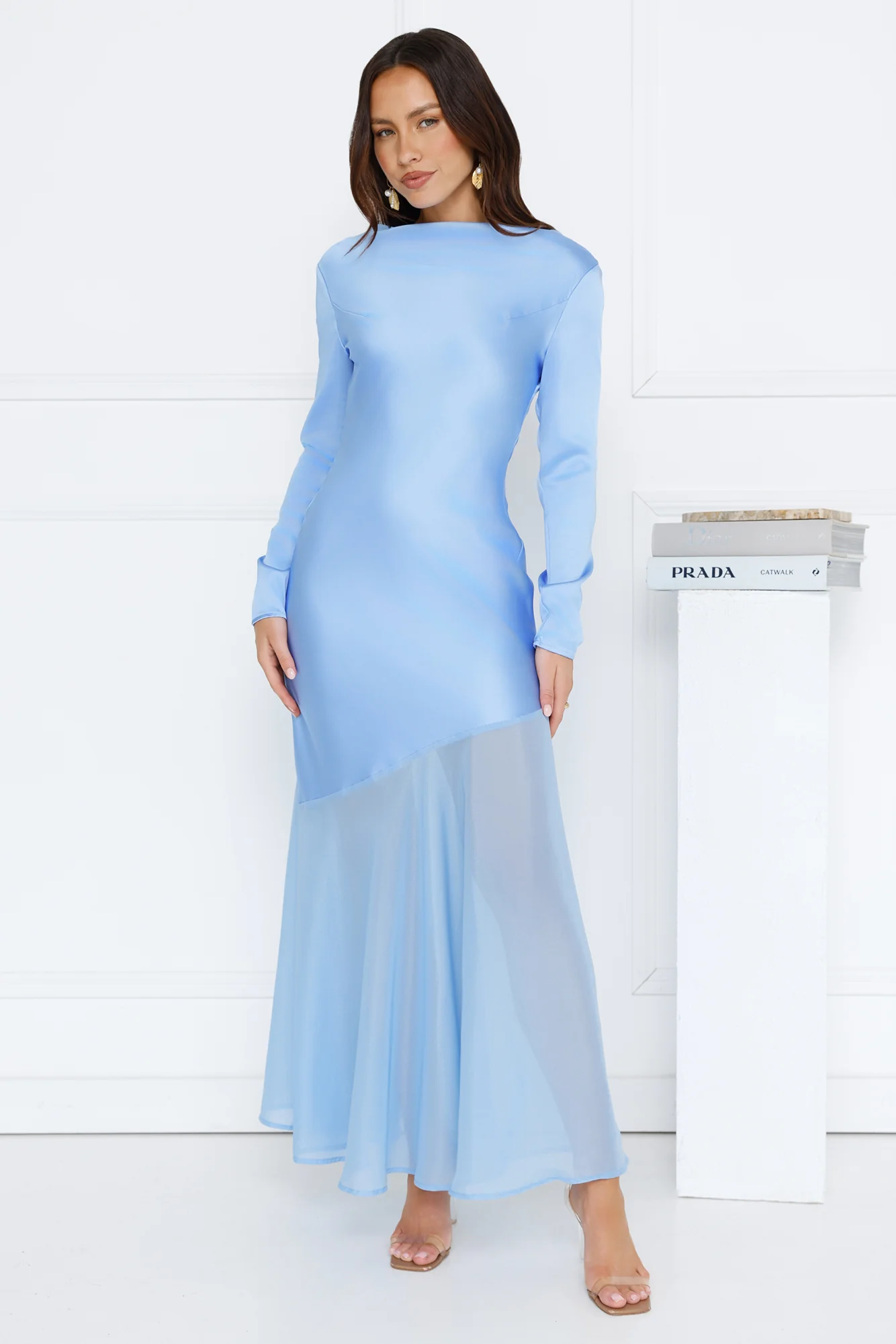 Exquisite Luxury Satin Long Sleeve Maxi Dress Blue