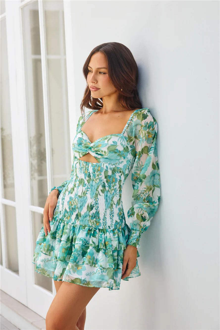 Tea Gardens Long Sleeve Mini Dress Green