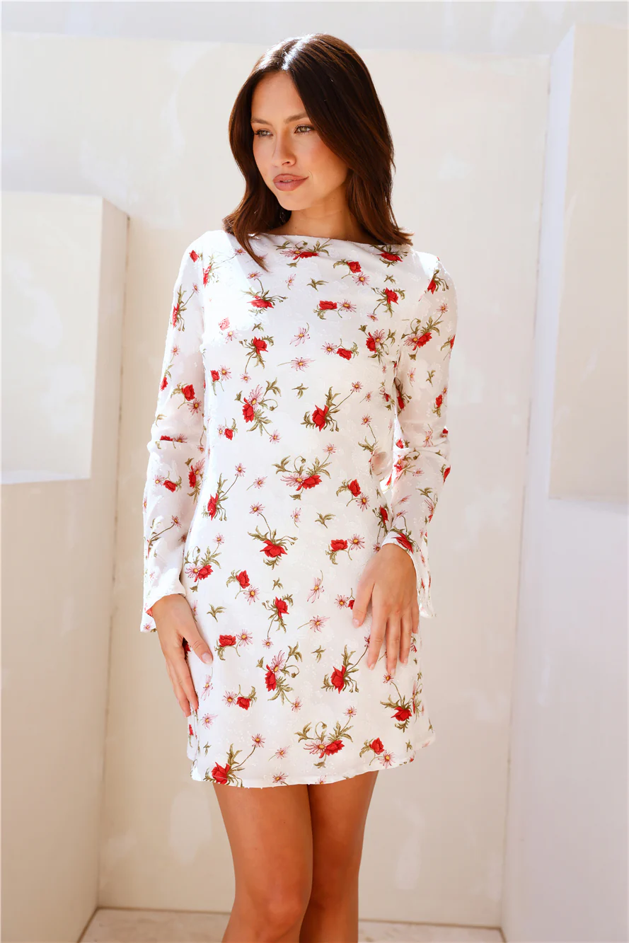 Space Flowers Long Sleeve Mini Dress Cream