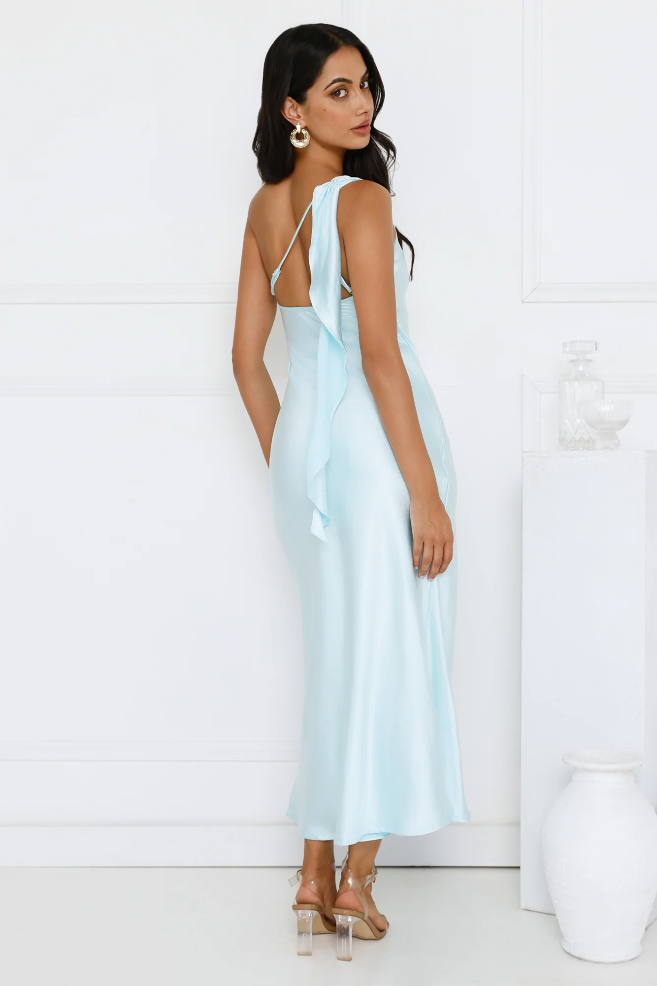 Romantic Tales Satin One Shoulder Maxi Dress Blue