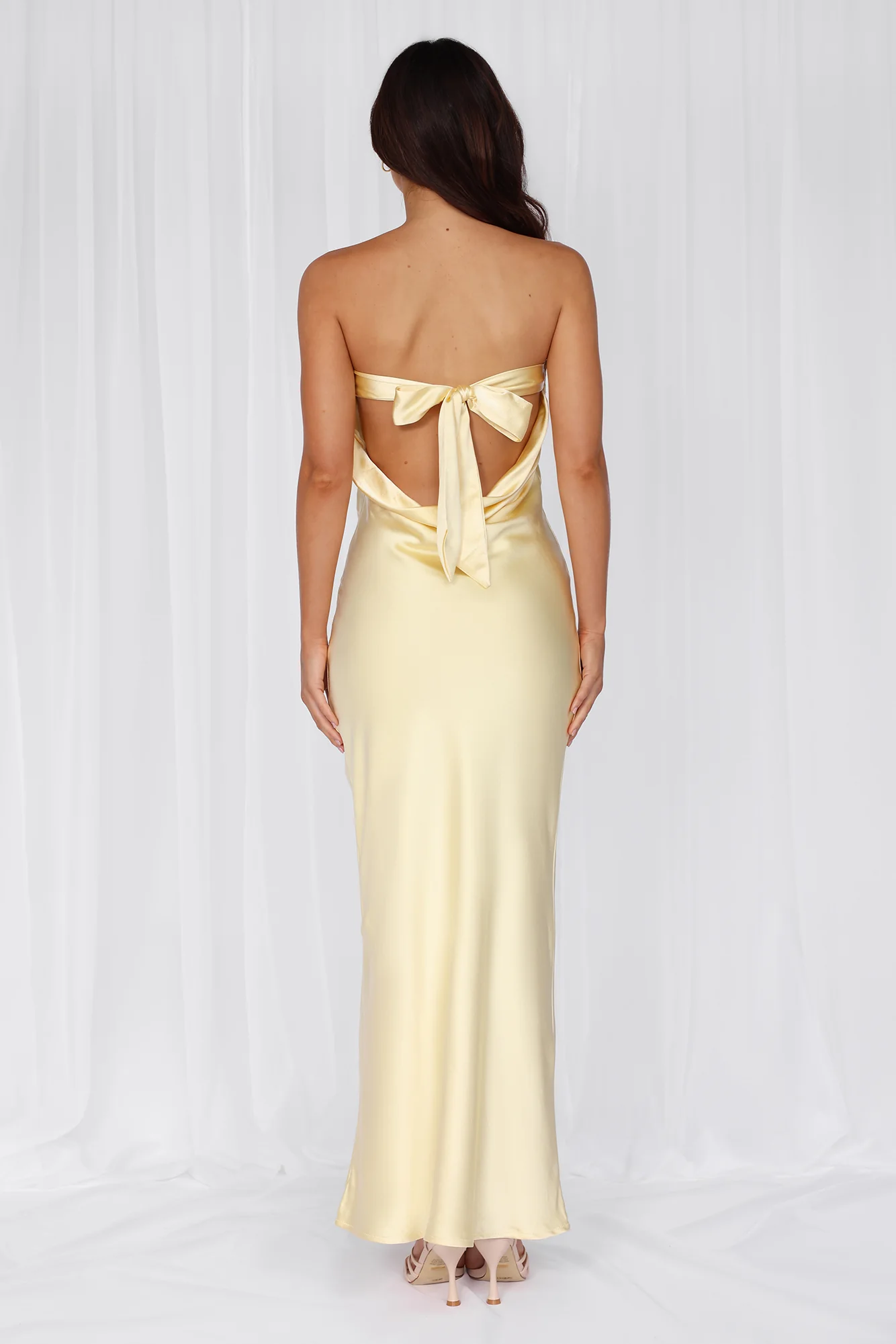 HELLO MOLLY The Felicity Strapless Satin Maxi Dress Yellow