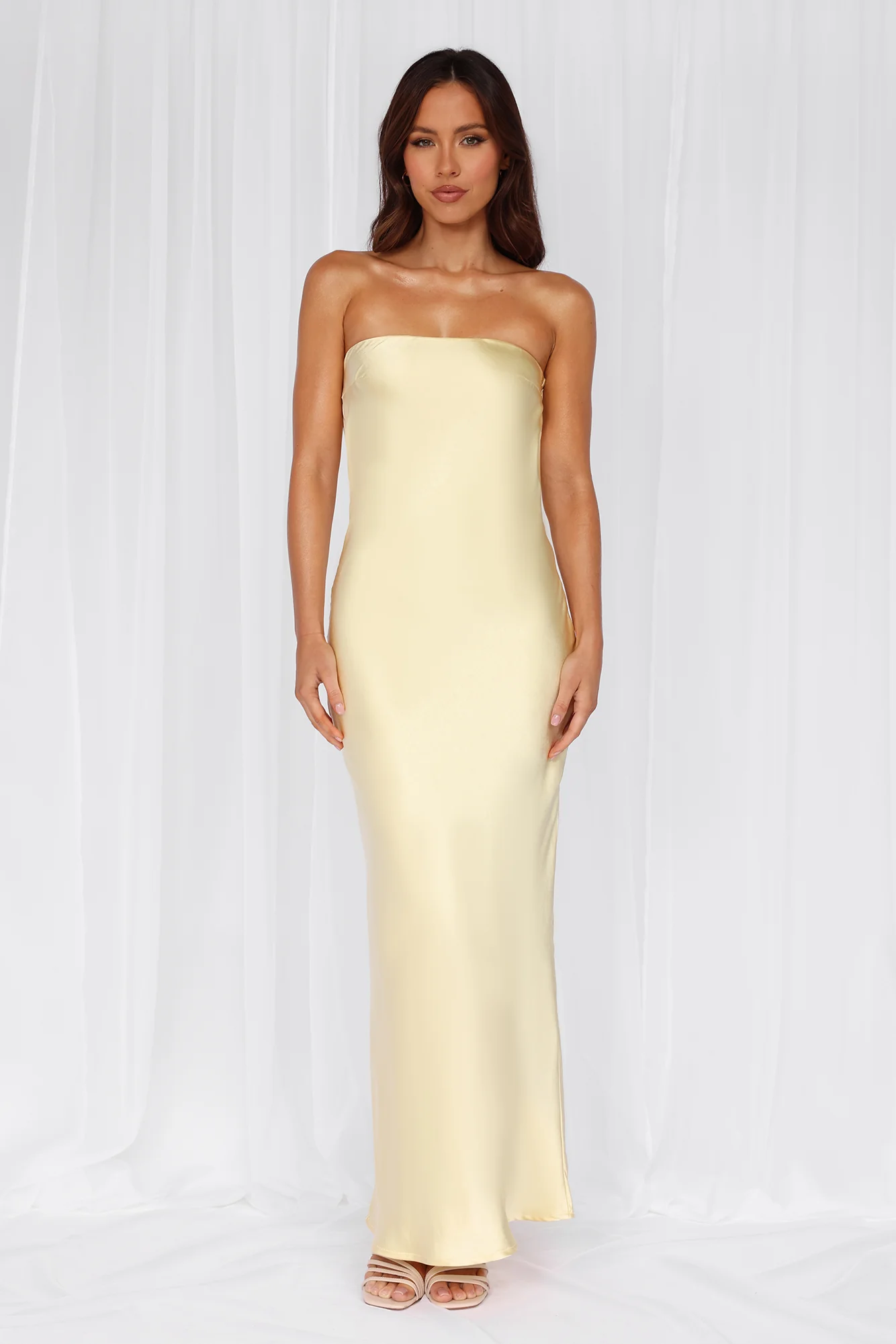 HELLO MOLLY The Felicity Strapless Satin Maxi Dress Yellow