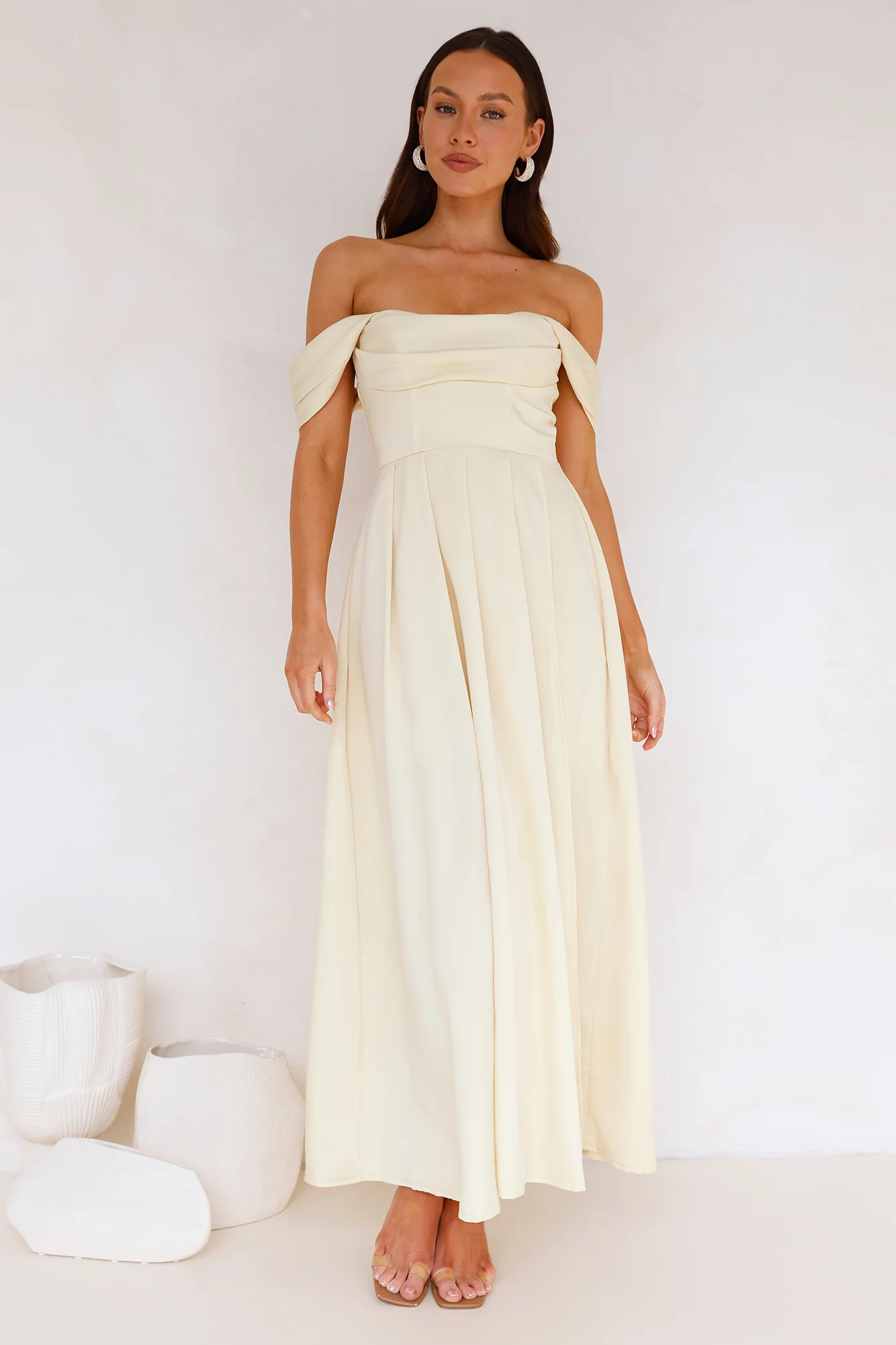 Classy Affair Off Shoulder Satin Maxi Dress Yellow