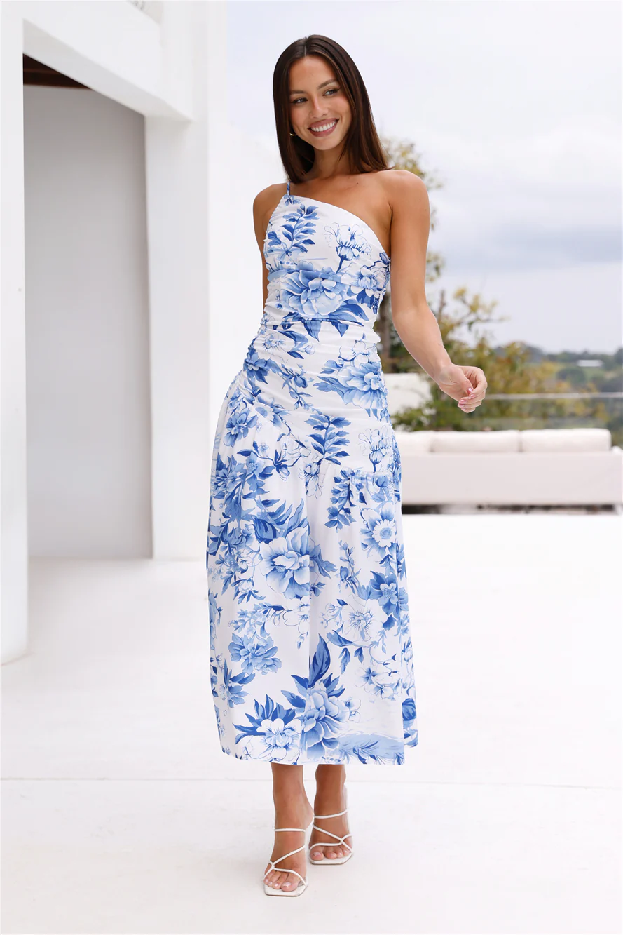 Fleur Enchant��e One Shoulder Midi Dress Blue