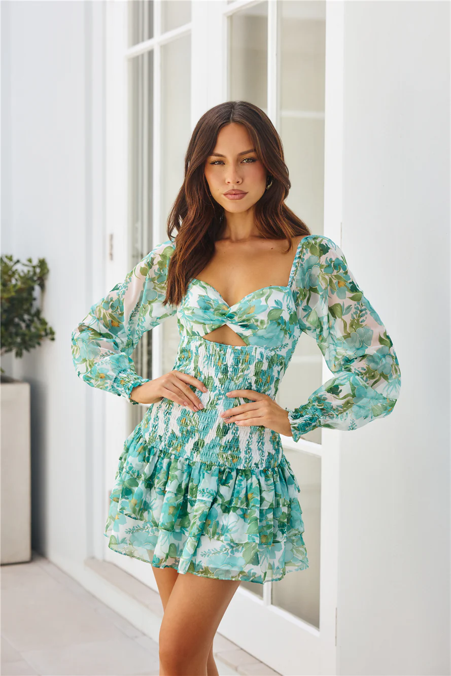 Tea Gardens Long Sleeve Mini Dress Green