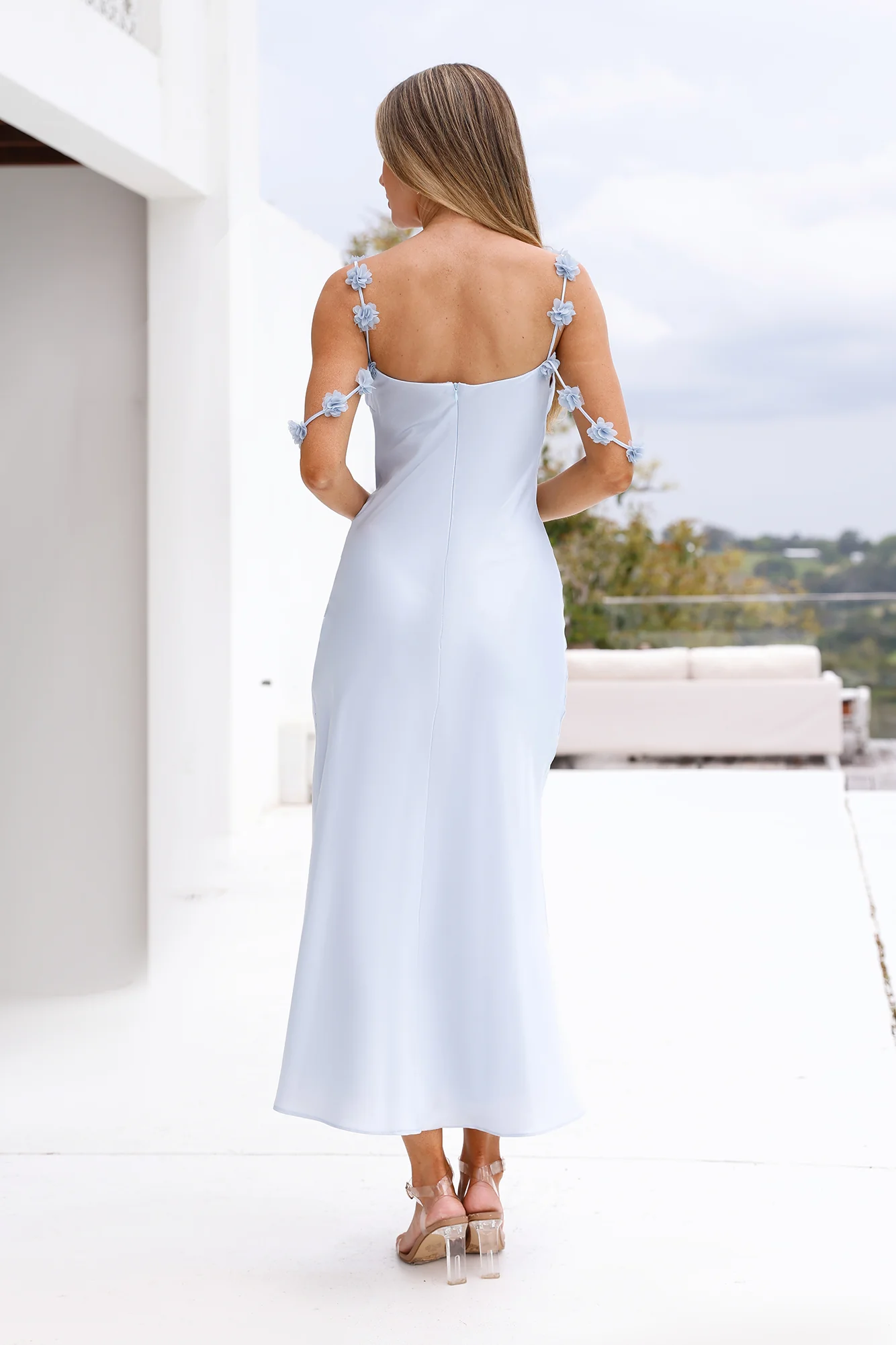 Silk Shadows Satin Midi Dress Blue