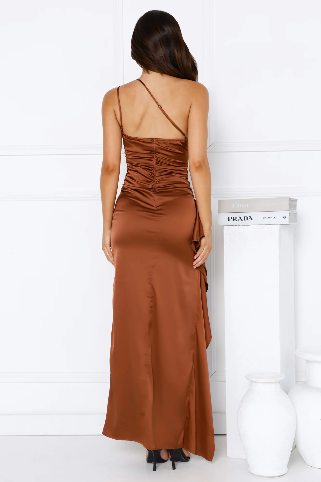 Extra Special One Shoulder Satin Maxi Dress Brown