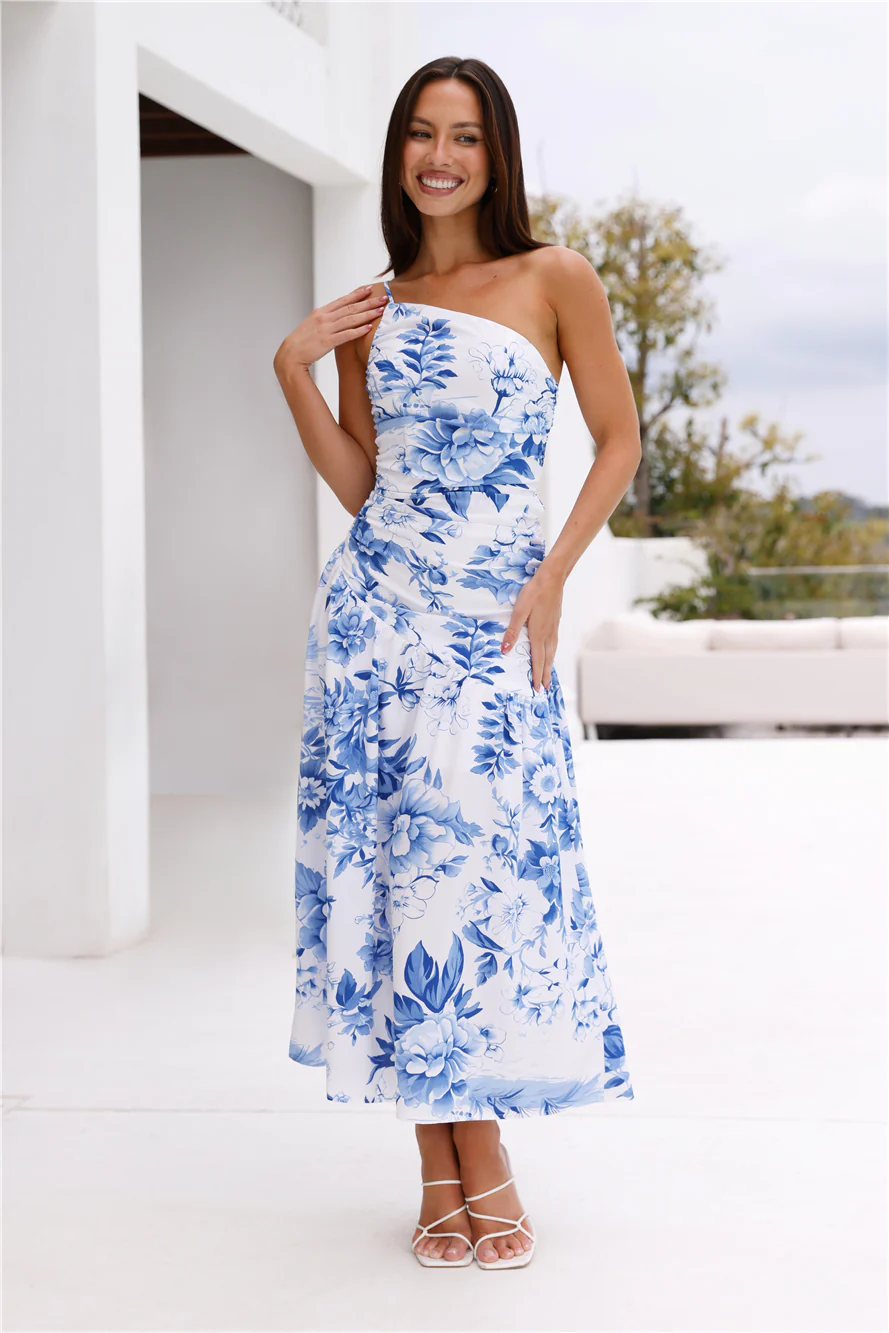 Fleur Enchant��e One Shoulder Midi Dress Blue