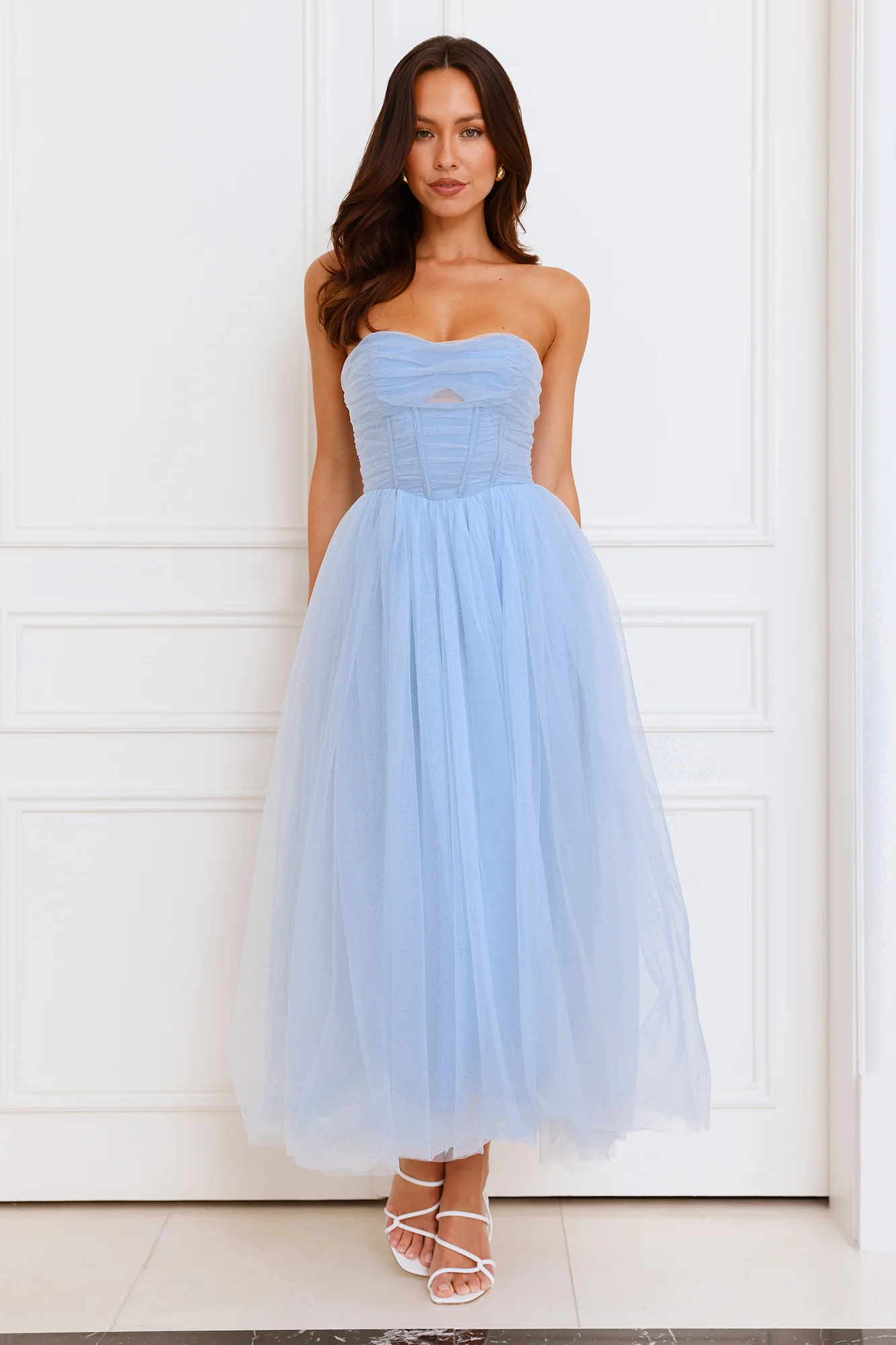 Beauty Pageant Strapless Tulle Midi Dress Blue