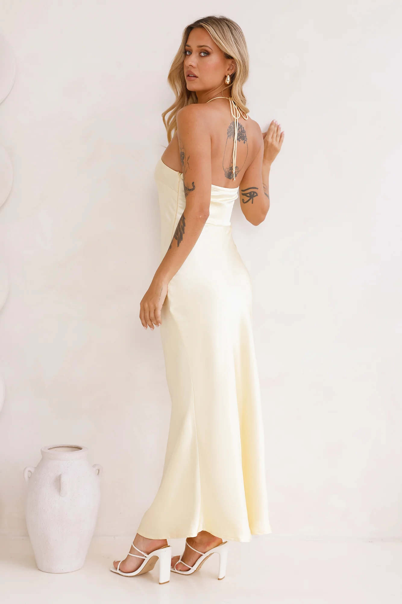 Admired By All Satin Halter Maxi Dress Yellow