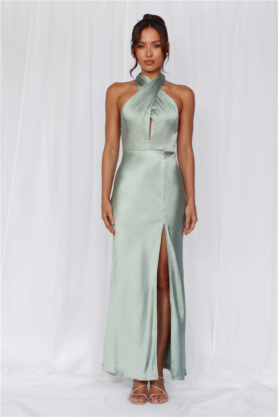 HELLO MOLLY The Adeline Halter Satin Maxi Dress Sage