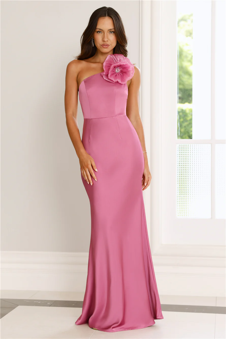 Flowered Opulence One Shoulder Satin Maxi Dress Mauve