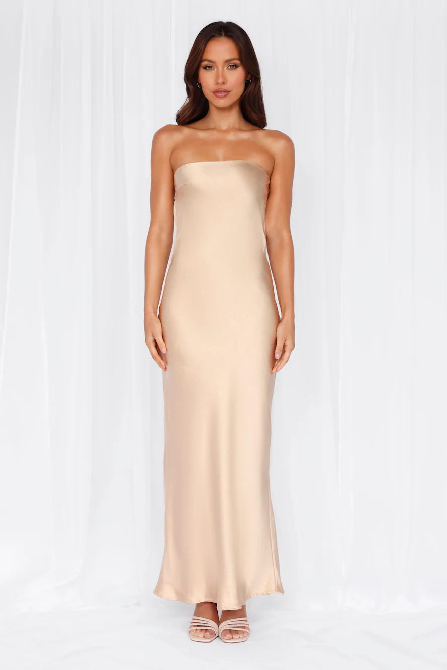 The Felicity Strapless Satin Maxi Dress Champagne