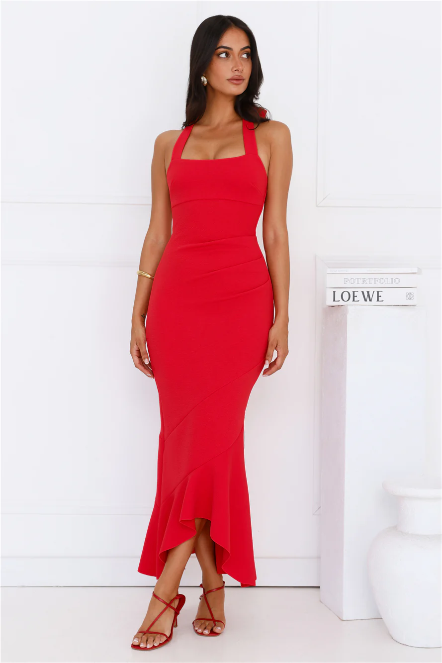 Good Conversation Halter Maxi Dress Red