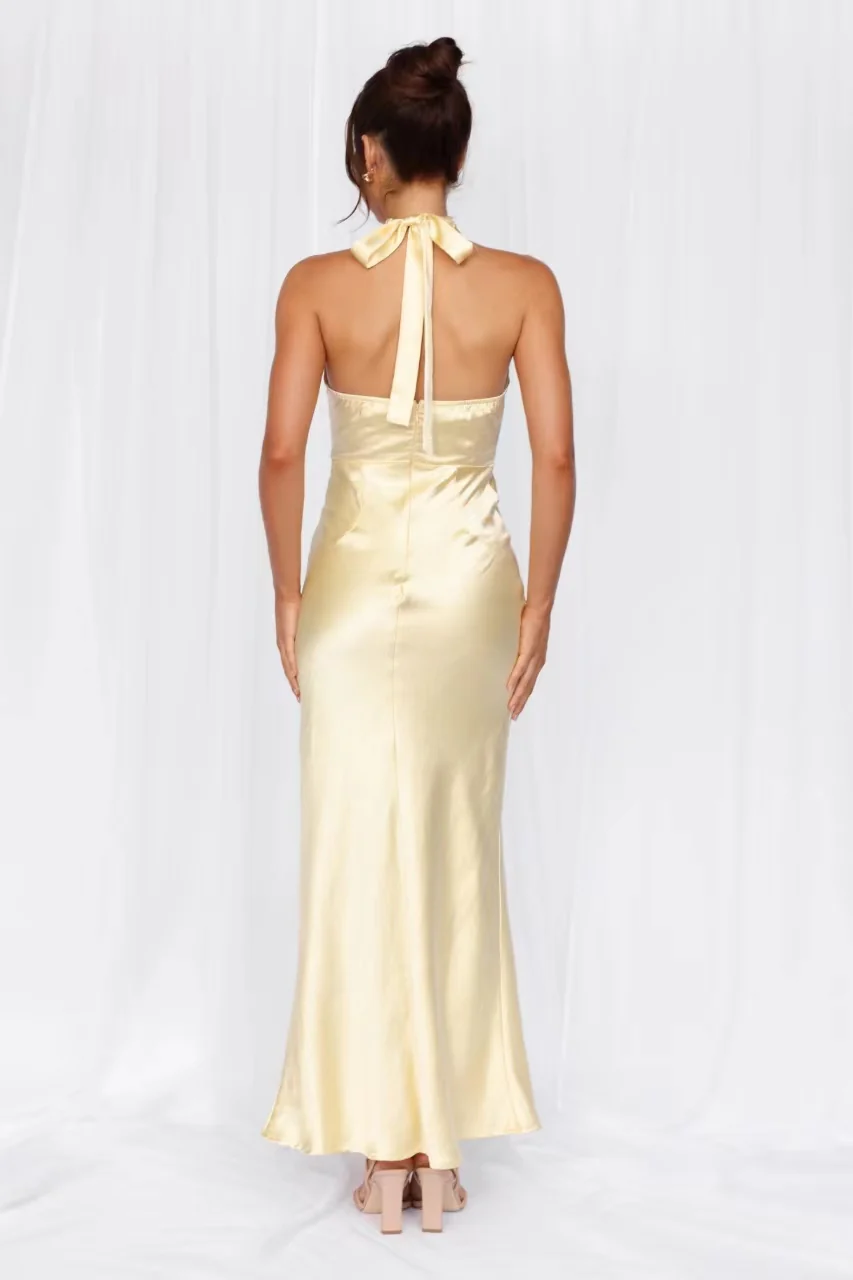 The Adeline Halter Satin Maxi Dress Yellow