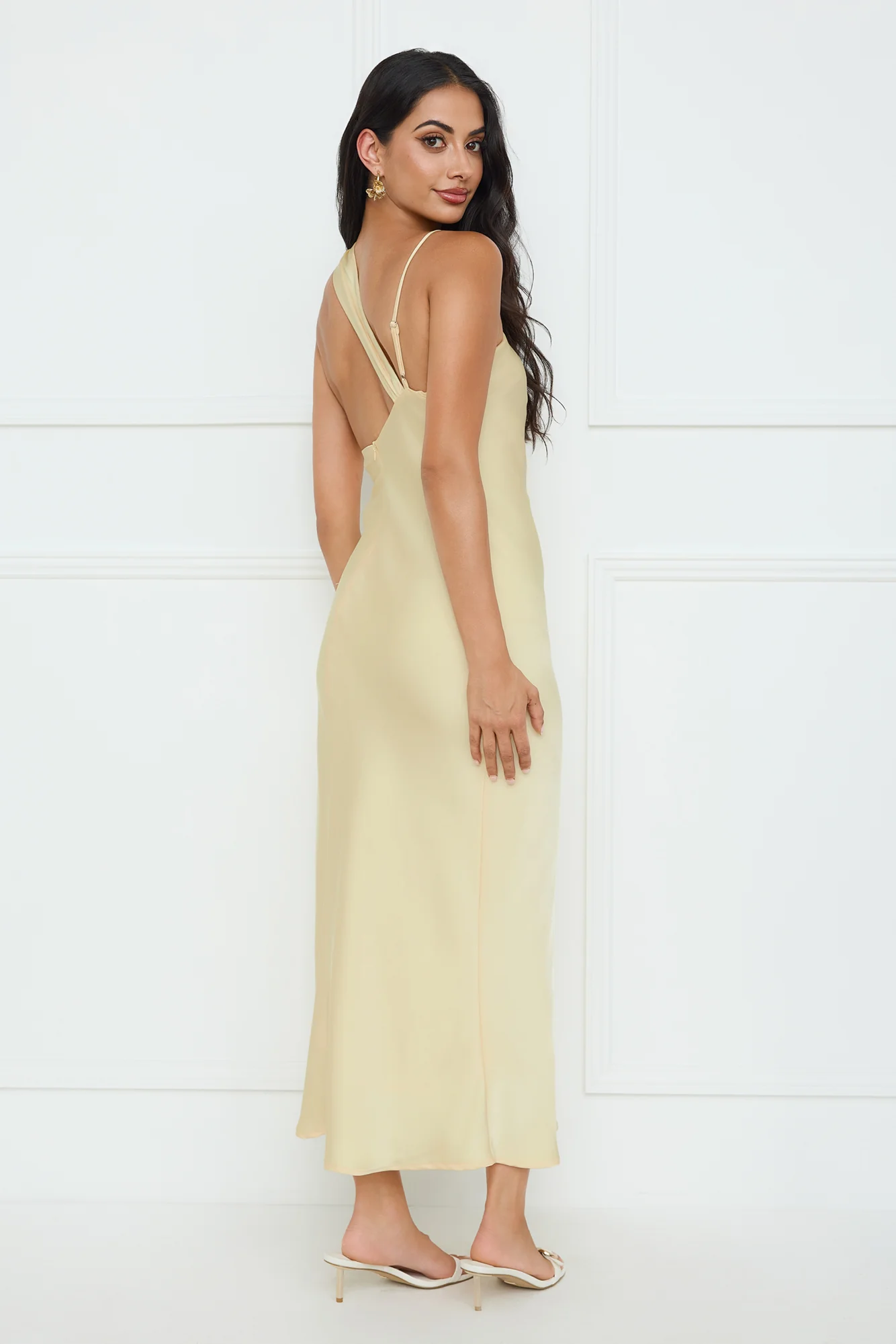 Whispering Palms Satin Midi Dress Yellow