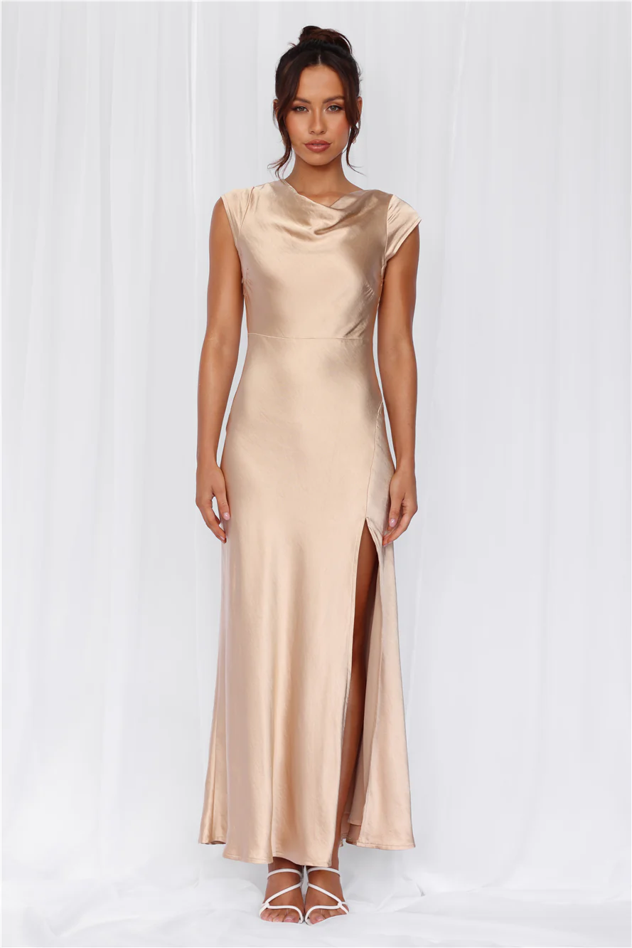 HELLO MOLLY The Valentina Cap Sleeve Satin Maxi Dress Champagne