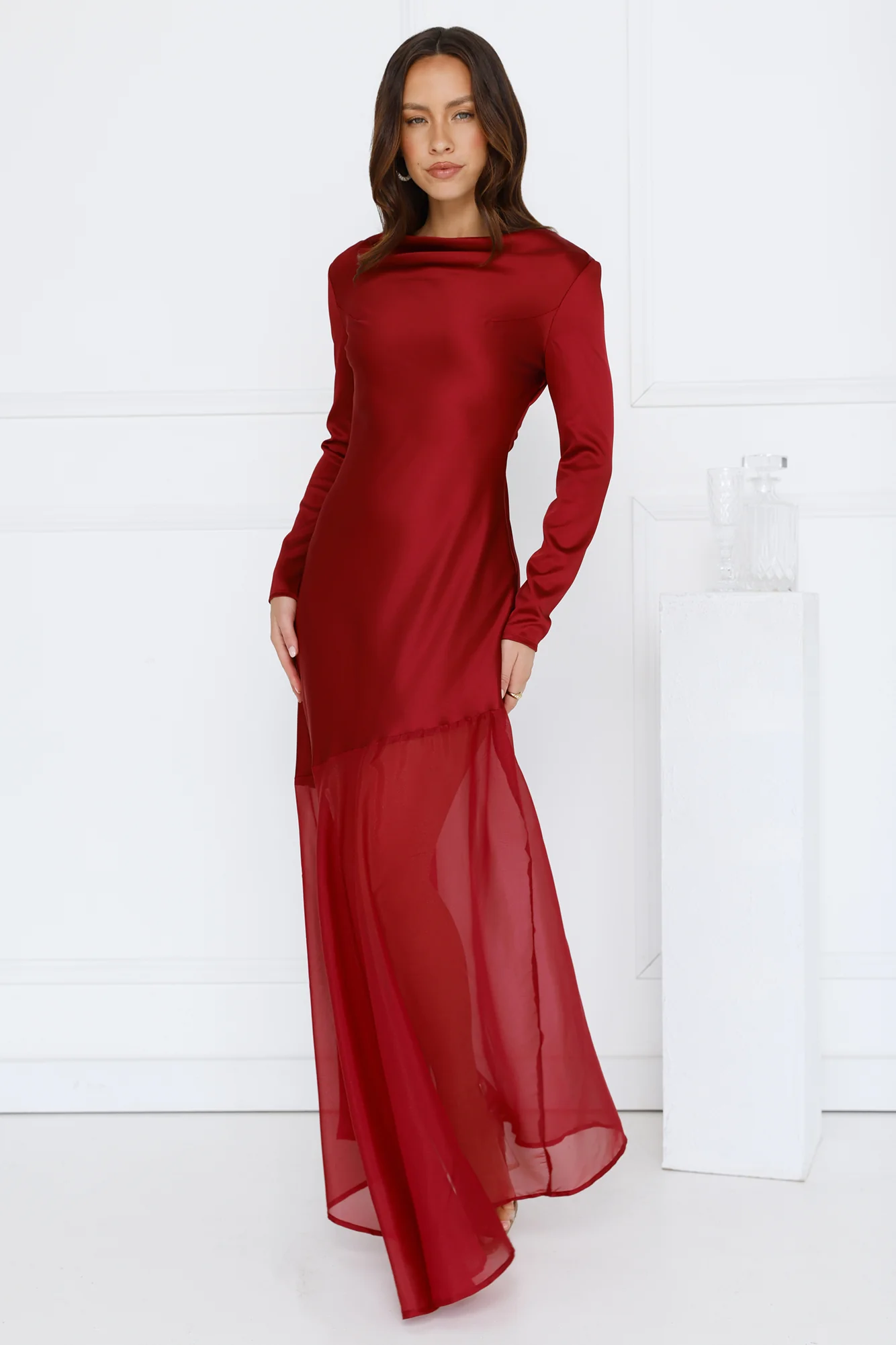Exquisite Luxury Satin Long Sleeve Maxi Dress Burgundy