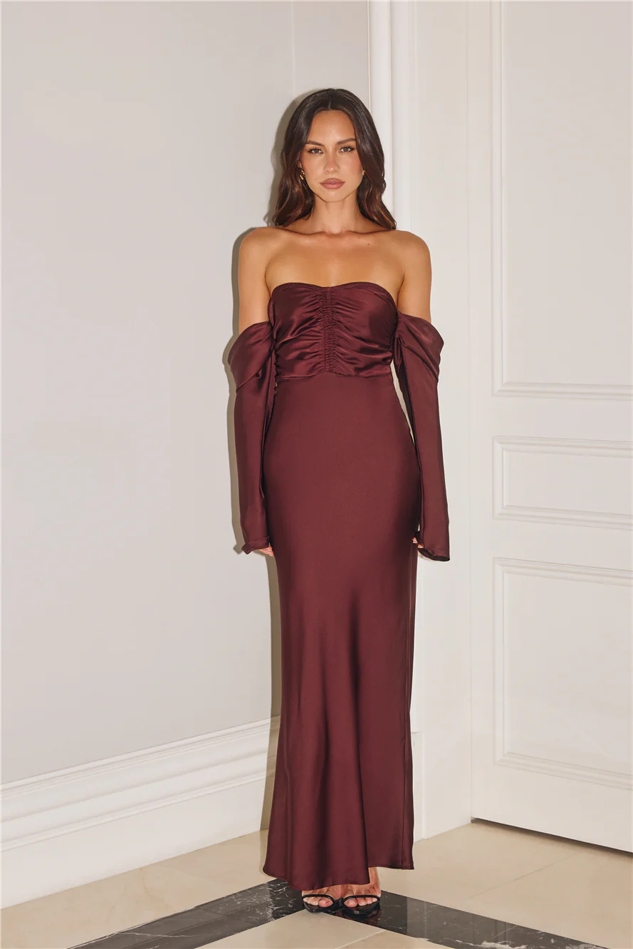 Elegant Chic Off Shoulder Long Sleeve Satin Maxi Dress Chocolate