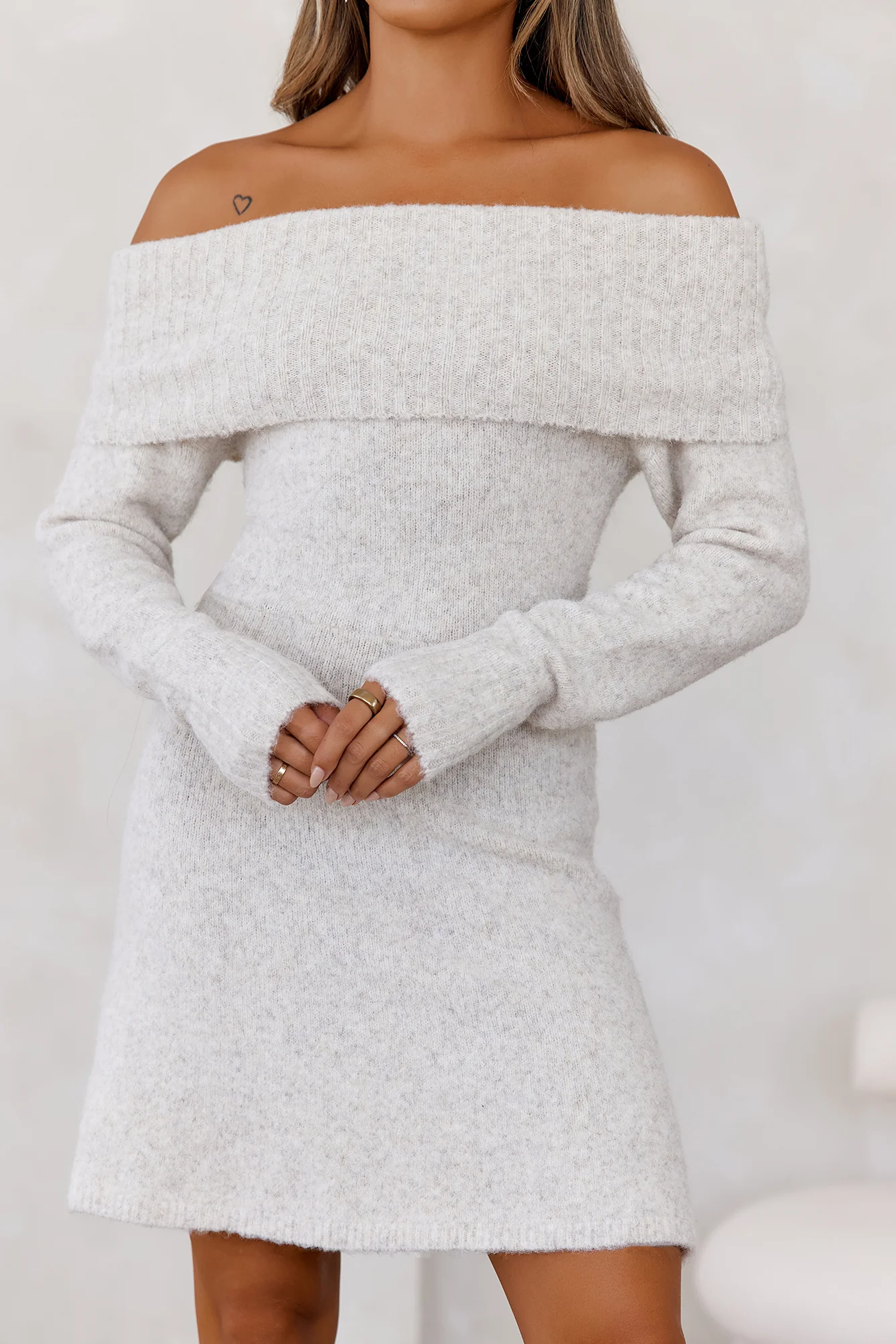 Every Occasion Off Shoulder Knit Mini Dress Cream