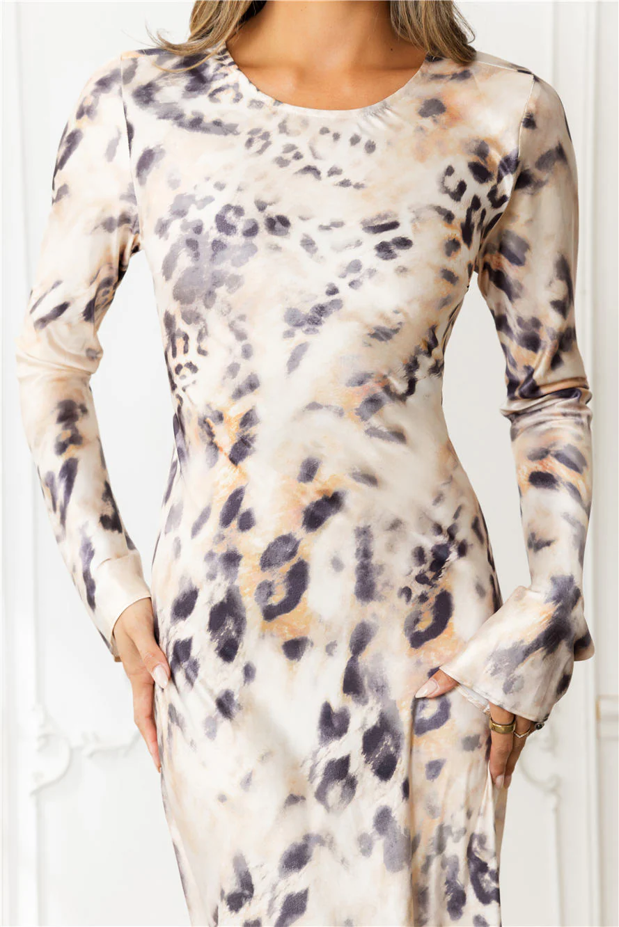Cheetah Chic Satin Long Sleeve Maxi Dress Multi