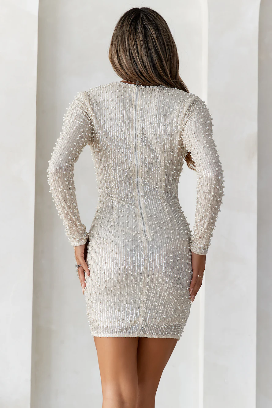 Exclusivity Mesh Long Sleeve Sequin Mini Dress Pearl