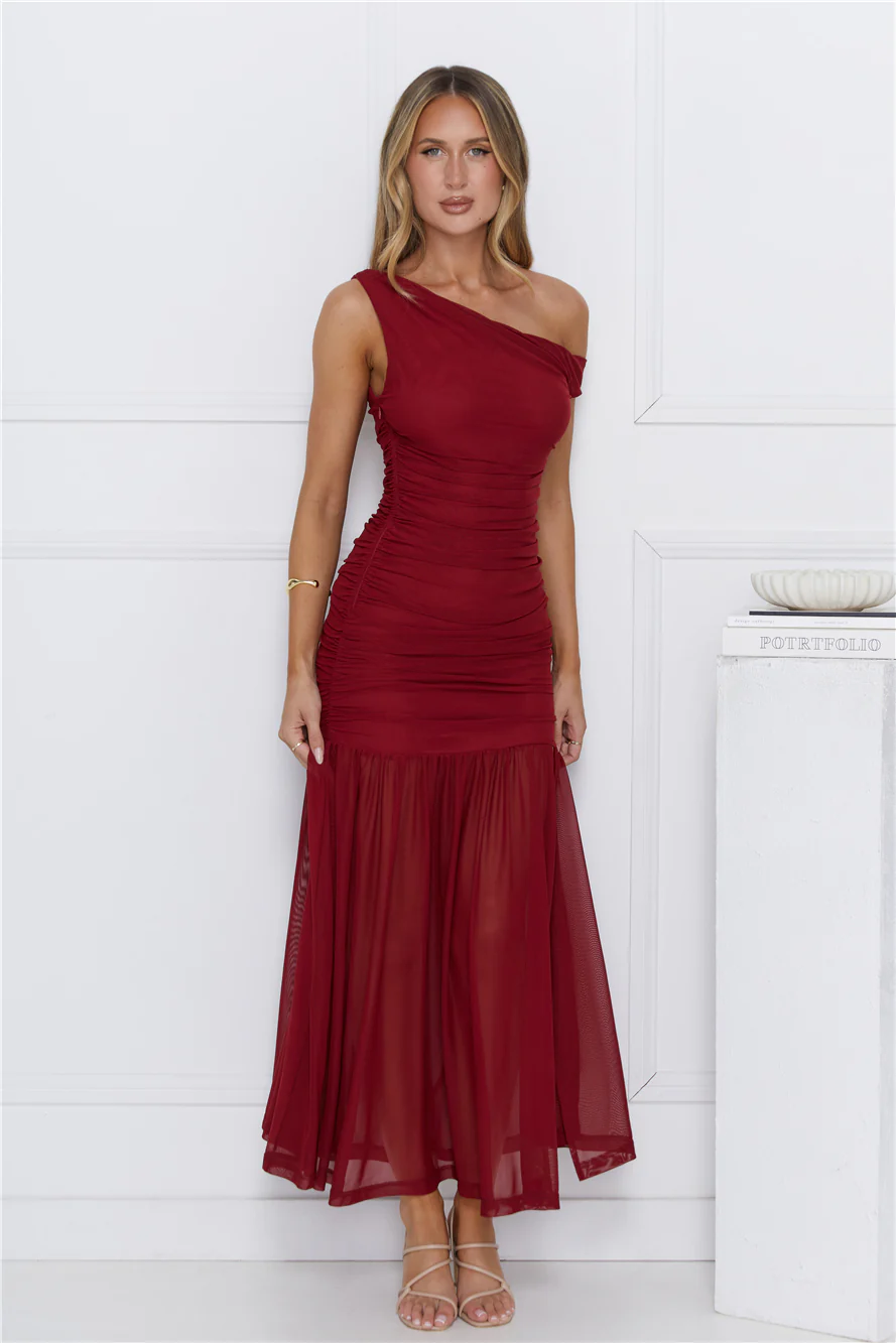 Stylish Diva Mesh Off Shoulder Midi Dress Burgundy