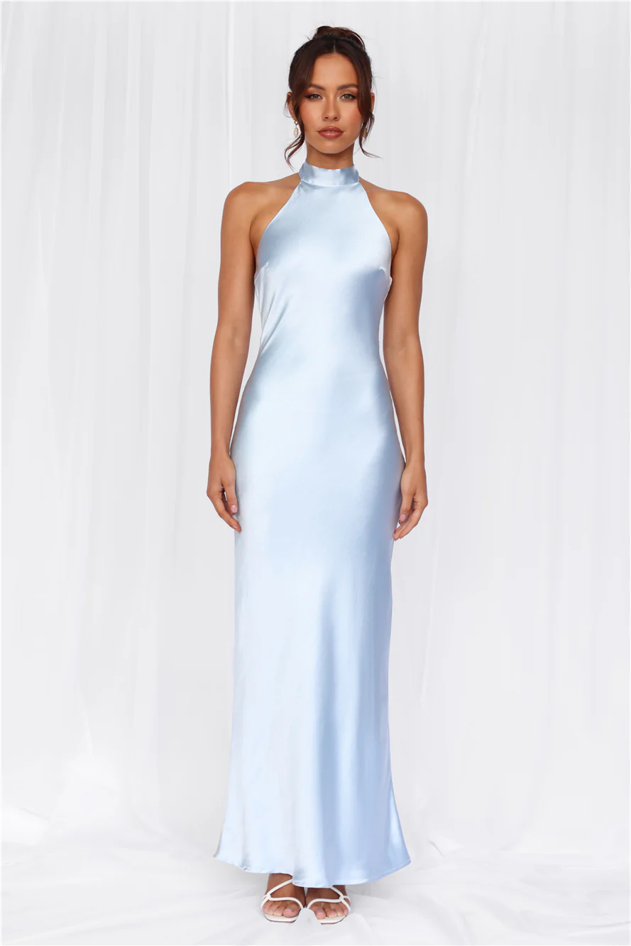The Cleo Halter Satin Maxi Dress Blue
