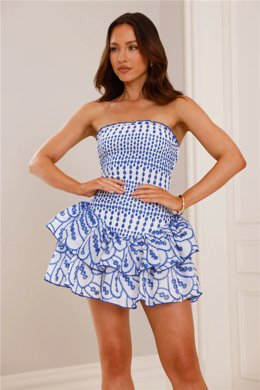 Charming Conversations Strapless Mini Dress Blue