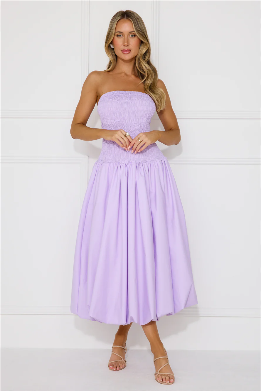 Modern Girl Style Strapless Bubble Midi Dress Lilac