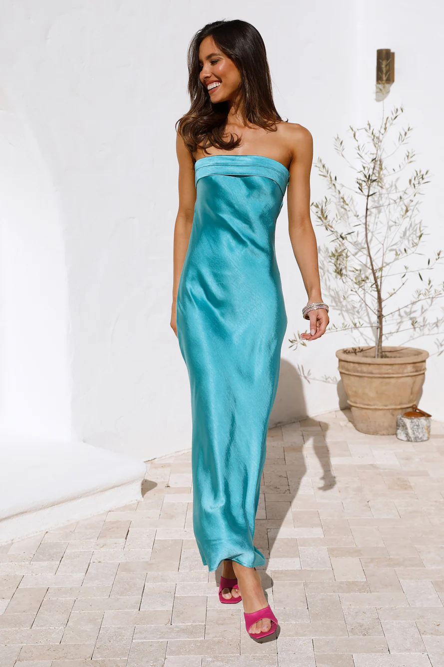 Run To The Top Satin Maxi Dress Turquoise