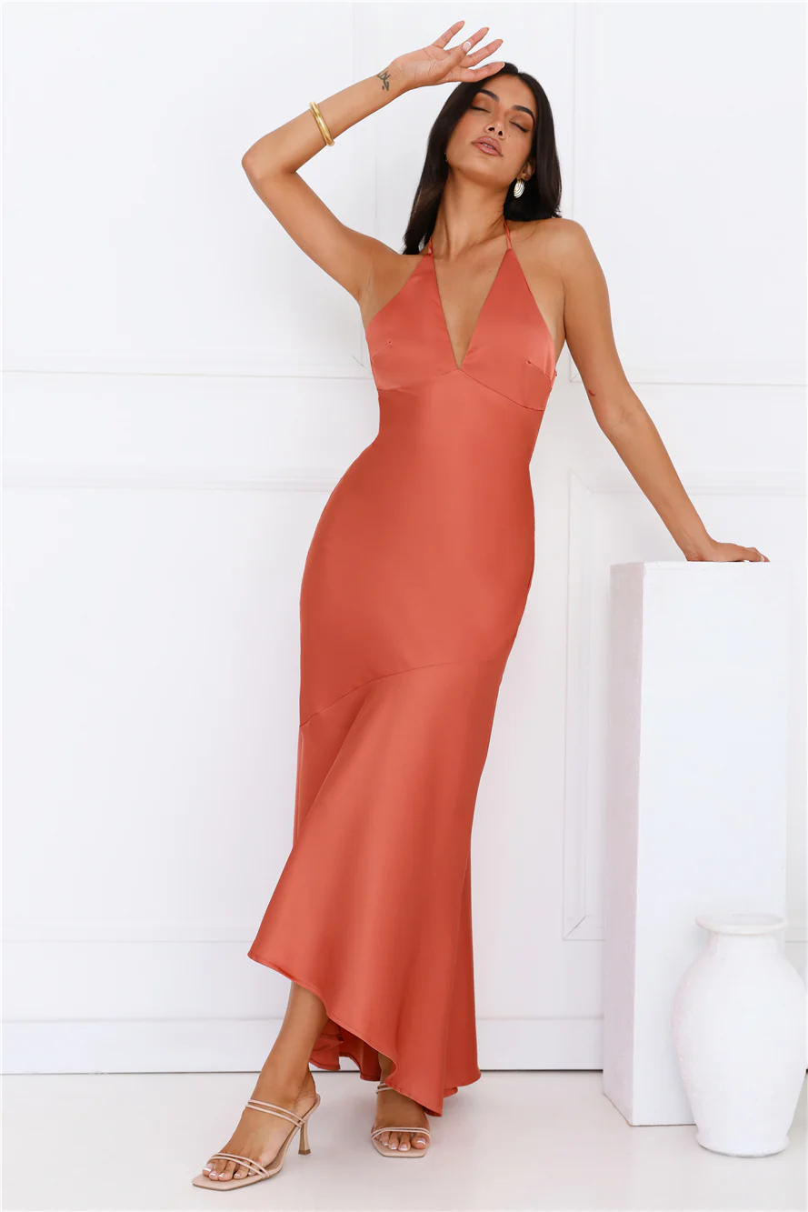 She Is Sublime Halter Satin Maxi Dress Brick