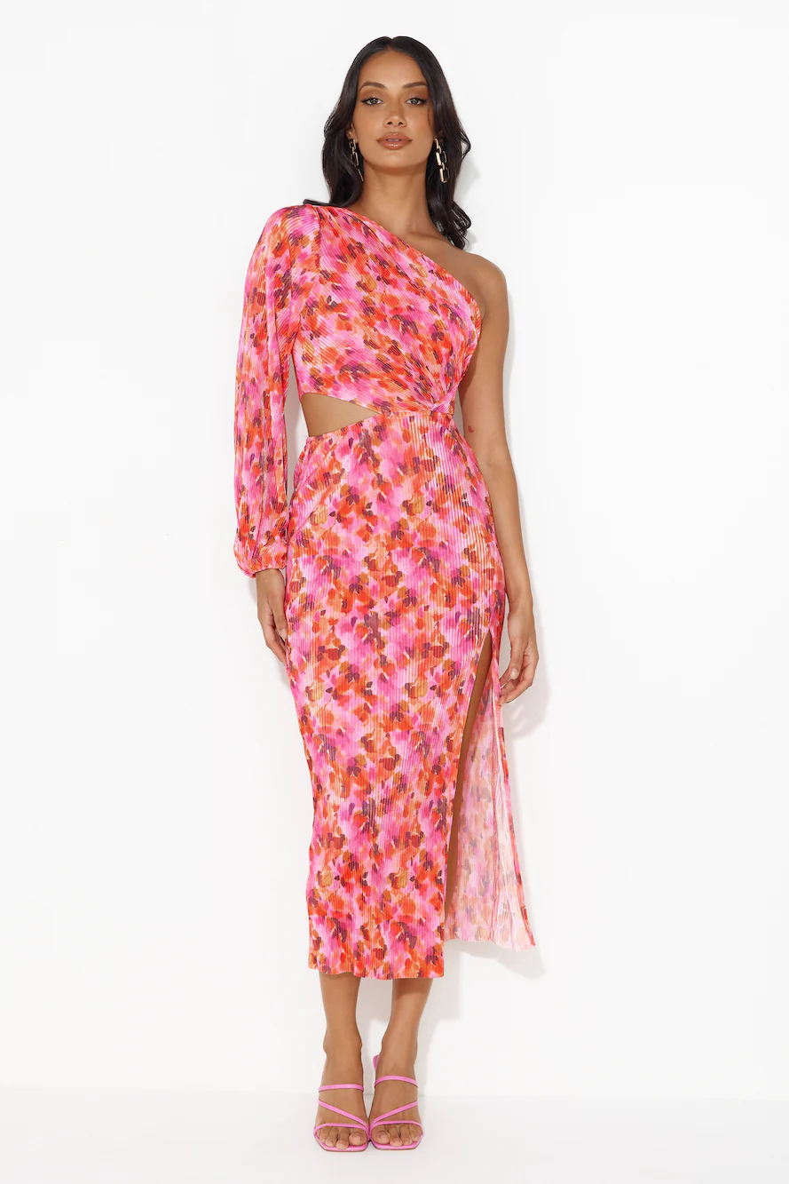 Star Show One Shoulder Plisse Midi Dress Pink