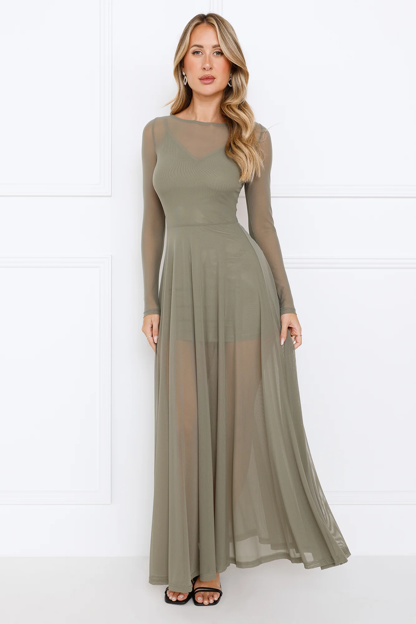 Champagne Streams Mesh Maxi Dress Olive