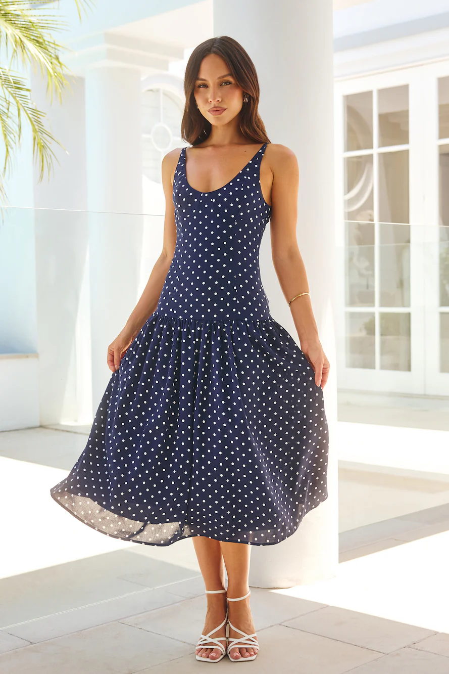 Polka Dot Charm Midi Dress Navy