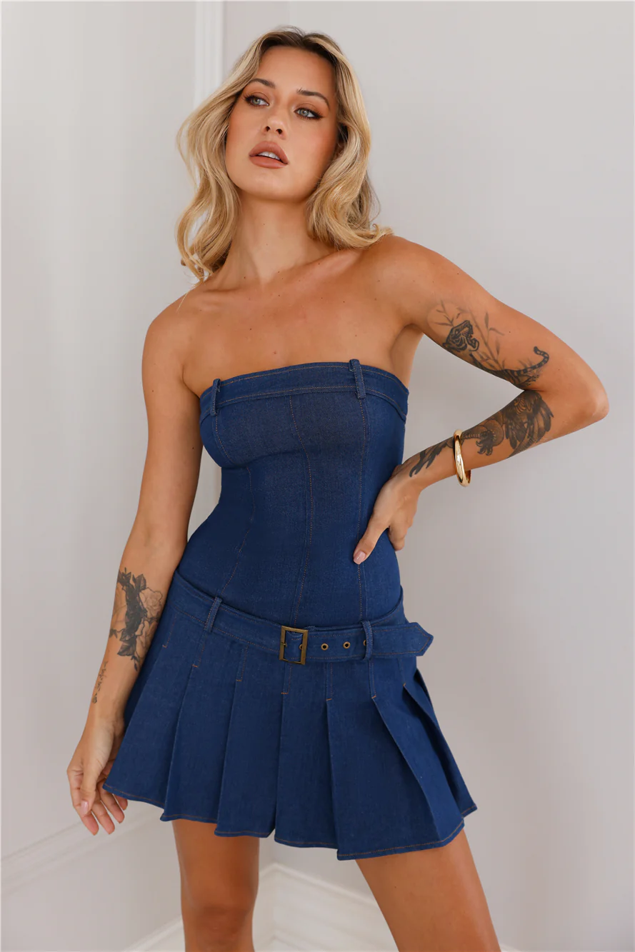 Reckless Fun Strapless Dress Blue Denim