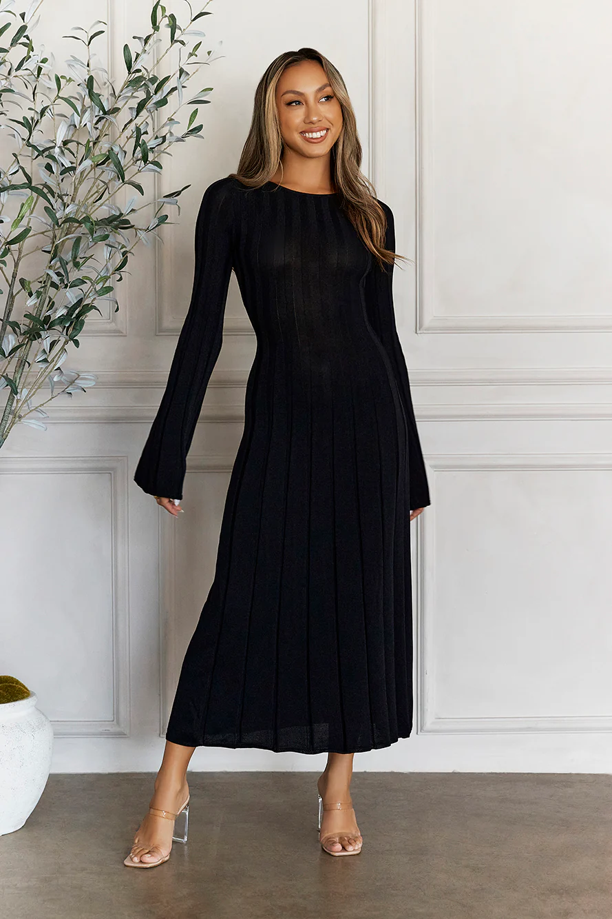 Creating Icons Ribbed Long Sleeve Midi Dress Black