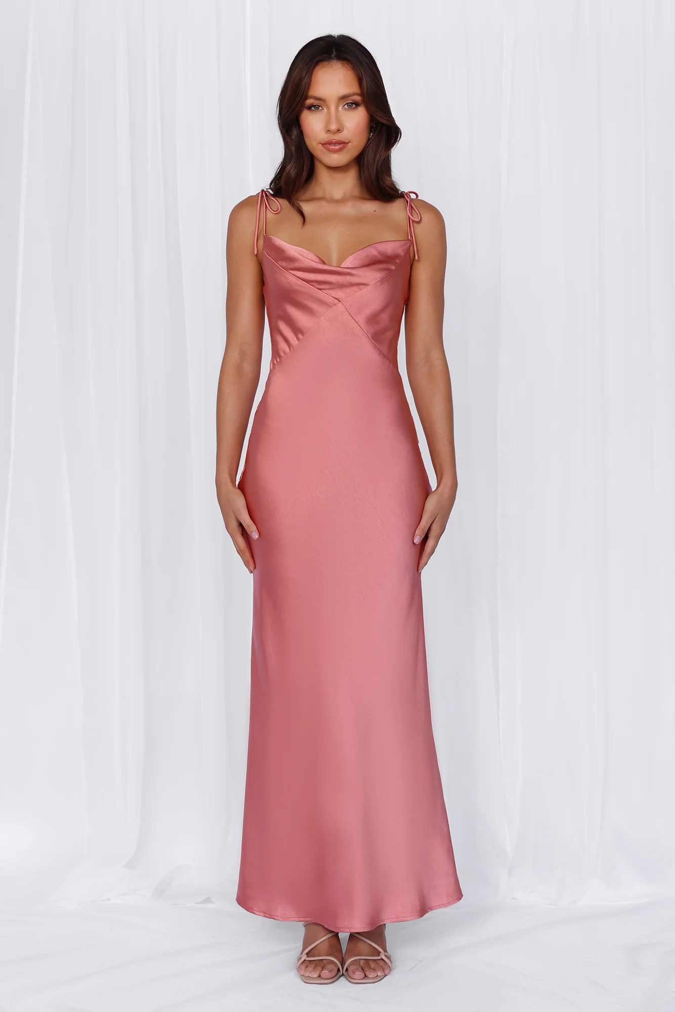 The Penelope Cowl Satin Maxi Dress Rose