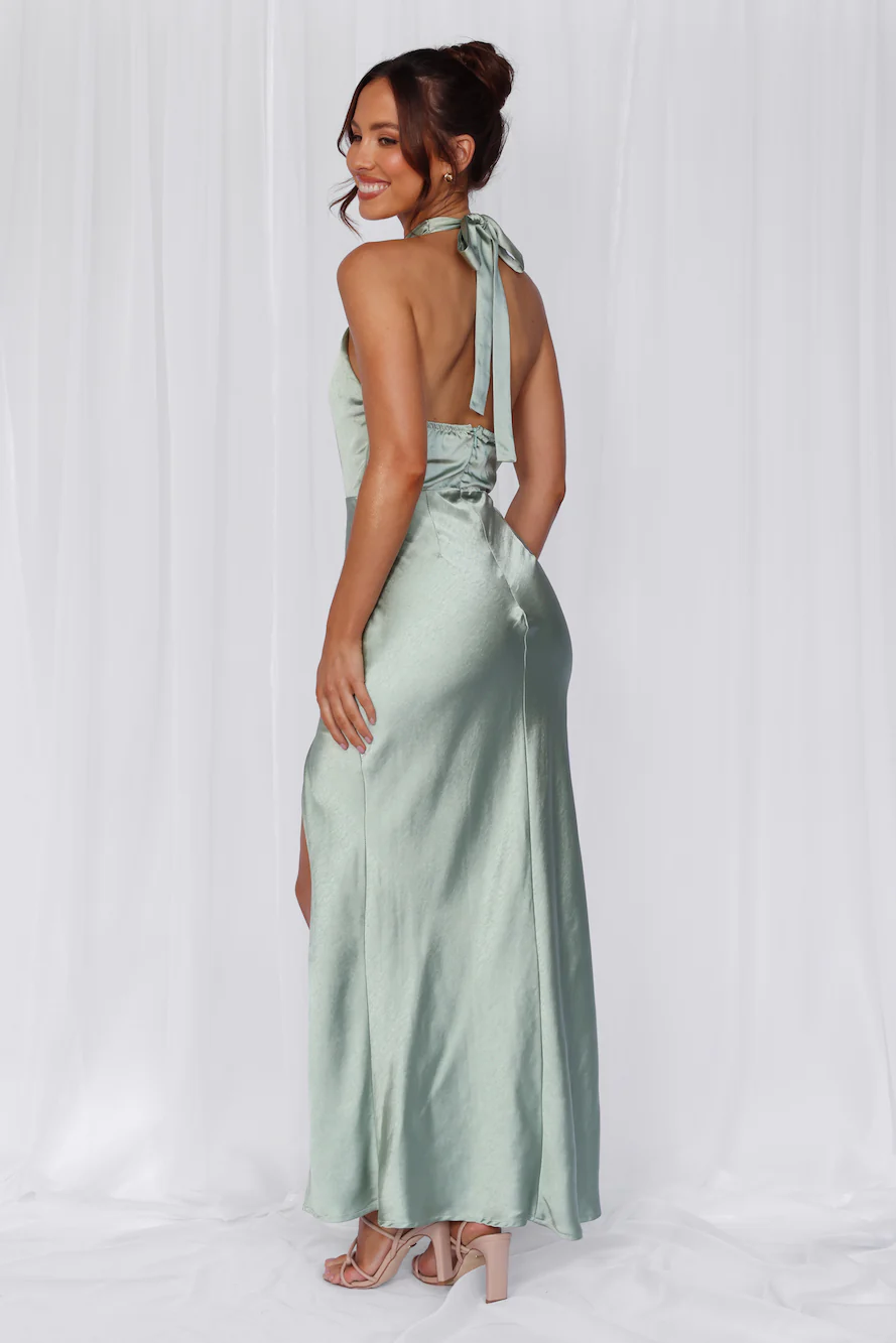HELLO MOLLY The Adeline Halter Satin Maxi Dress Sage