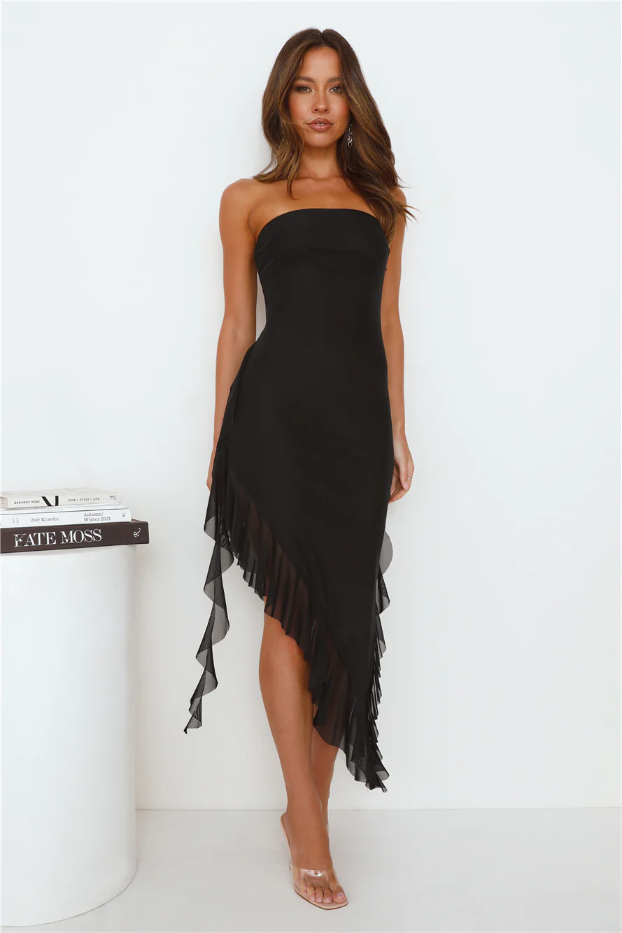 Social Status Strapless Mesh Frill Midi Dress Black