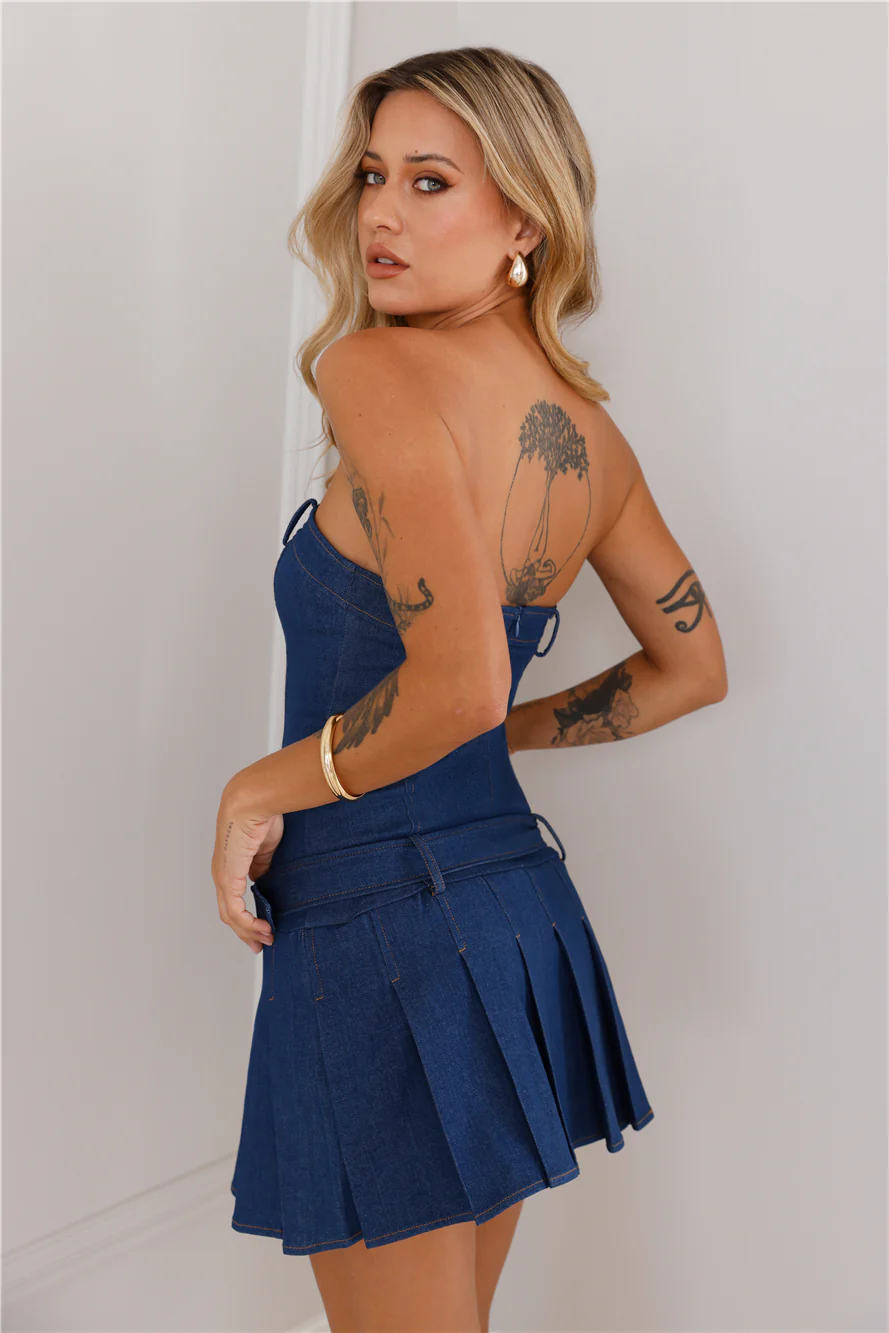 Reckless Fun Strapless Dress Blue Denim