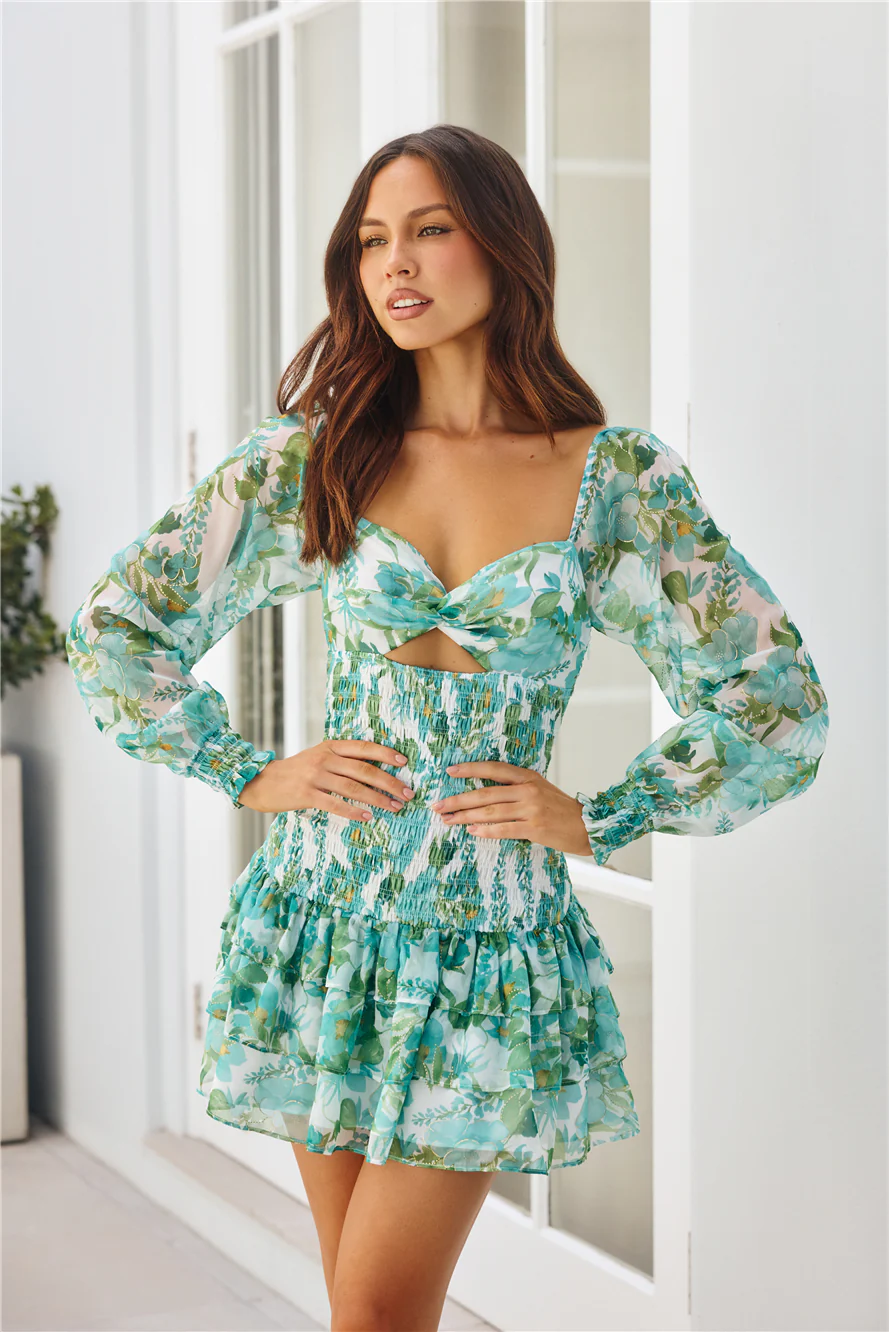 Tea Gardens Long Sleeve Mini Dress Green