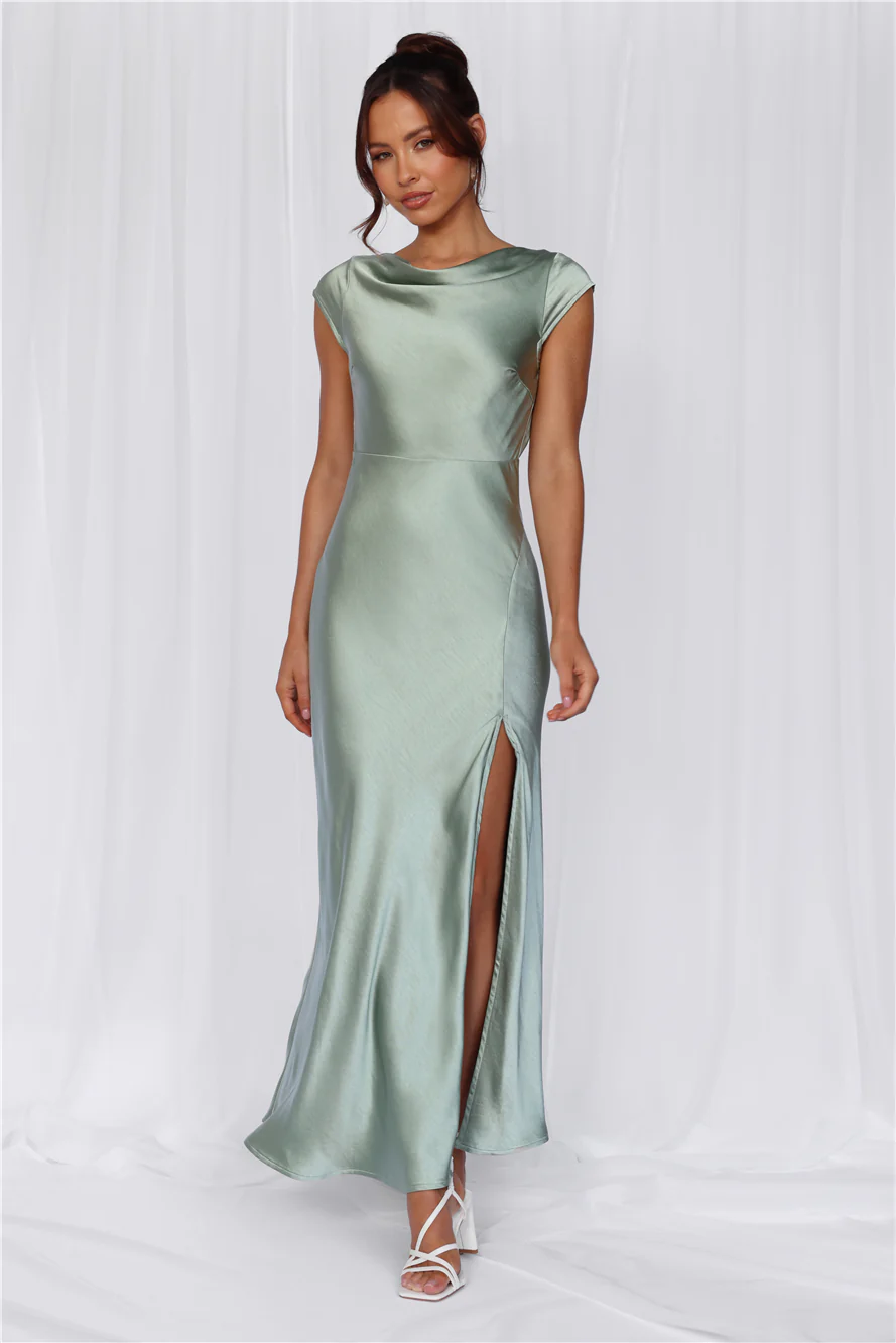 HELLO MOLLY The Valentina Cap Sleeve Satin Maxi Dress Sage